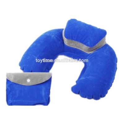 soft pvc flocking blue neck pillow, inflatable U shape travel pillow for airplane